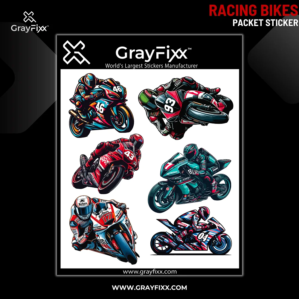 Racing Bikes Packet Sticker For Anywhere | Printed In Premium Gloss Vinyl With FPF(Fade Protection Film), Water Proof, Precut Sticker, Pack Of 1, Size 2.0 Inches